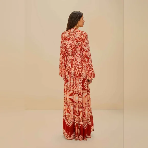 FARM RIO Tropical Tapestry Red Metal Embroidered Tiered Maxi Size XS - Picture 3 of 6